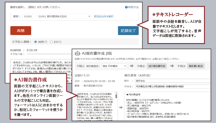 テキストレコーダー・AI報告書作成 機能画面
